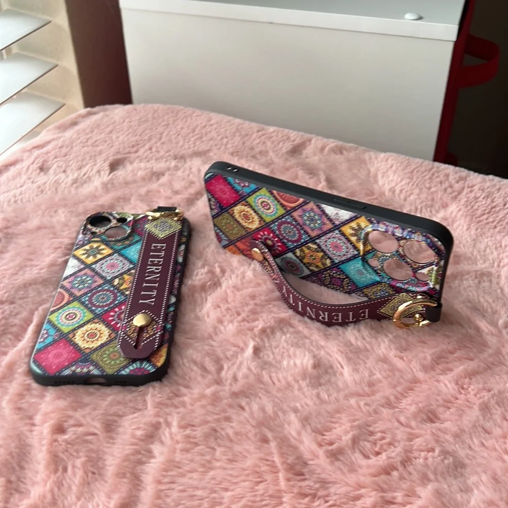 For iPhone 14, 14 pro phone case with wrist strap kickstand keychain ring